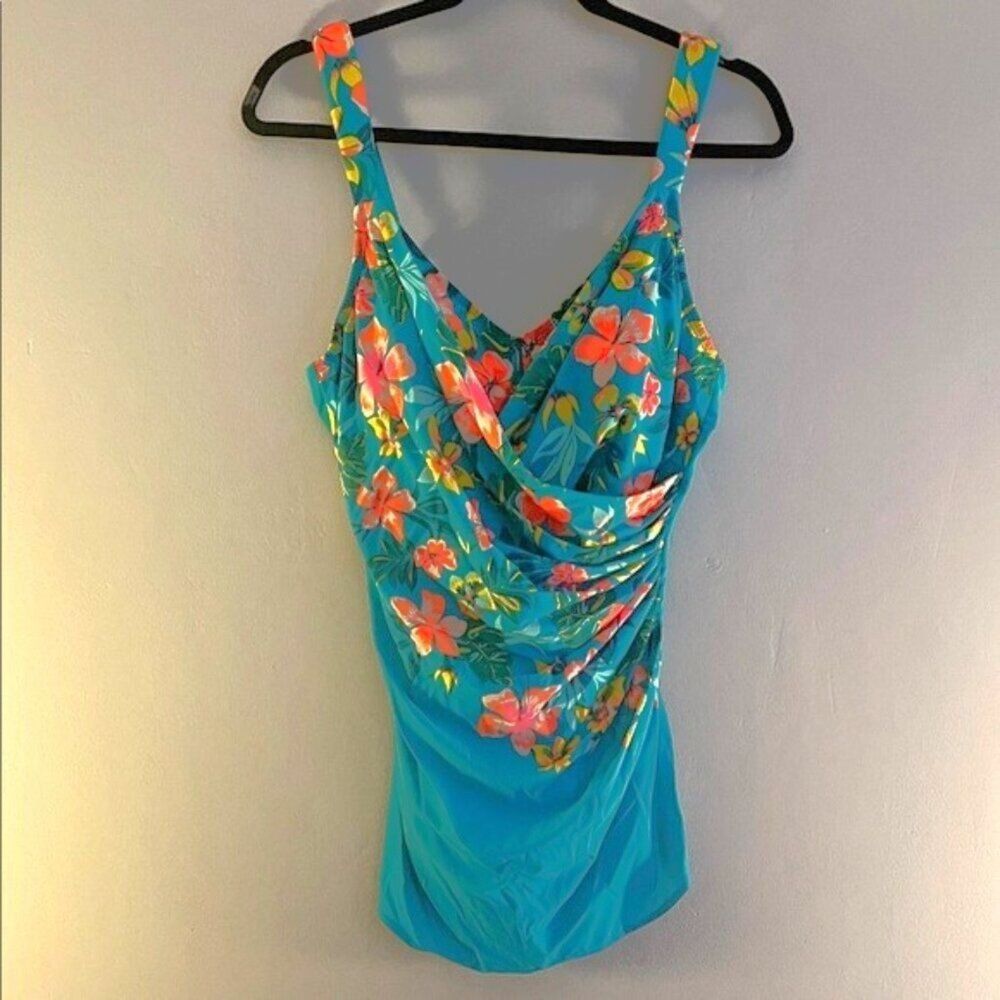 Lands' End Teal Floral Women's One Piece Swimsuit - Size 14L